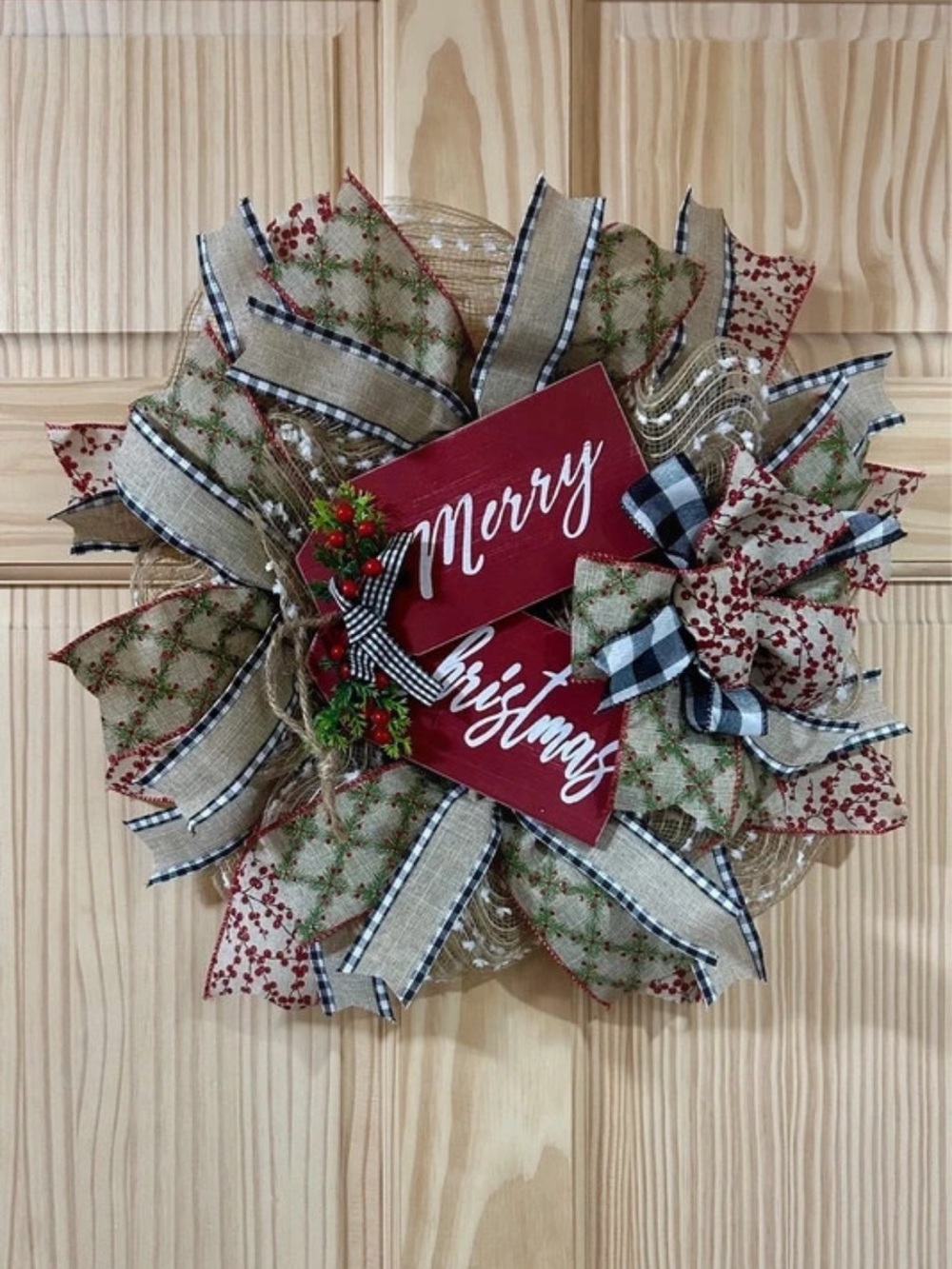 Mini Merry Christmas Wreath 15” Burlap and Ribbon Holiday Wreath - Red & Natural